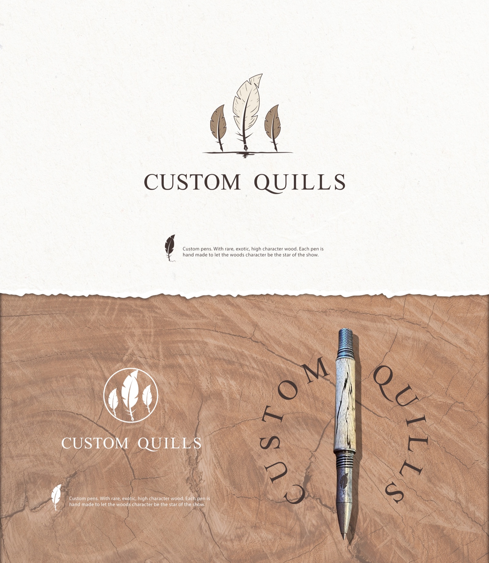 Custom Quills handcrafted pen logo and brand identity presentation