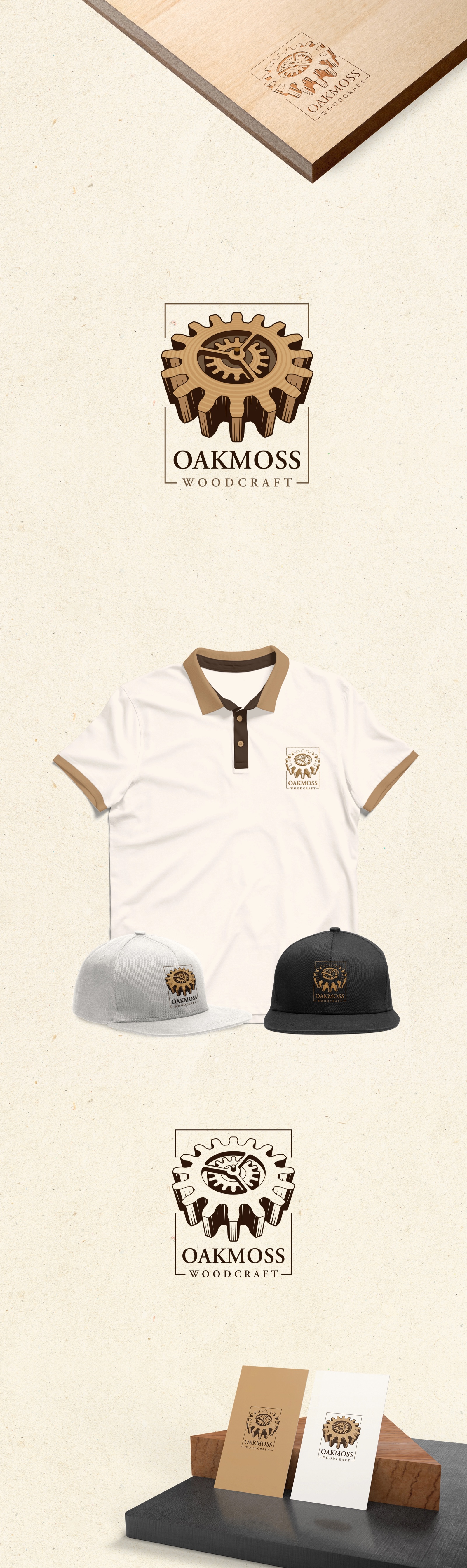 Oakmoss Woodcraft logo and brand application presentation