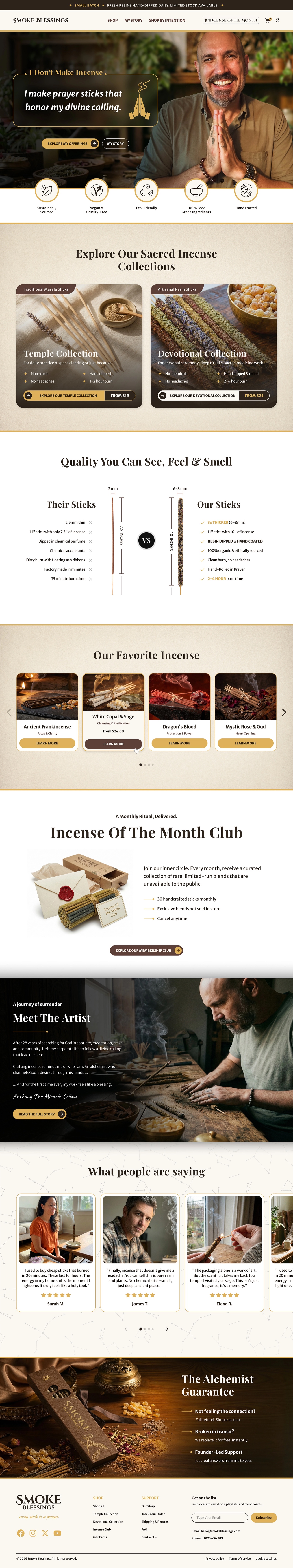 Smoke Blessings artisan incense Shopify homepage design